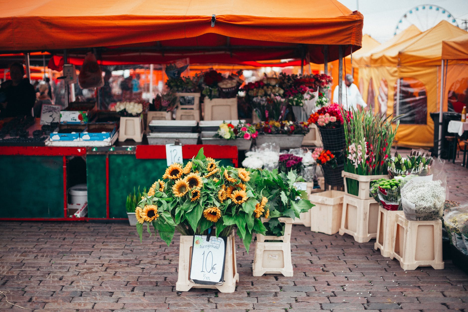 sunflowers on rack with price tag near orange canopy tent