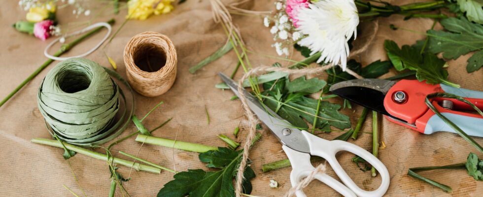 pruners and scissors together with twine in florist shop