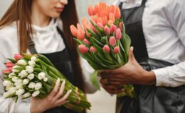 woman in black apron holding white and pink tulips