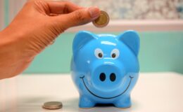 person putting coin in a piggy bank